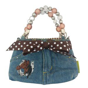 Bootie Bag Small Denim Handbag Ribbon Belt Beaded Handle Horse Embroidery